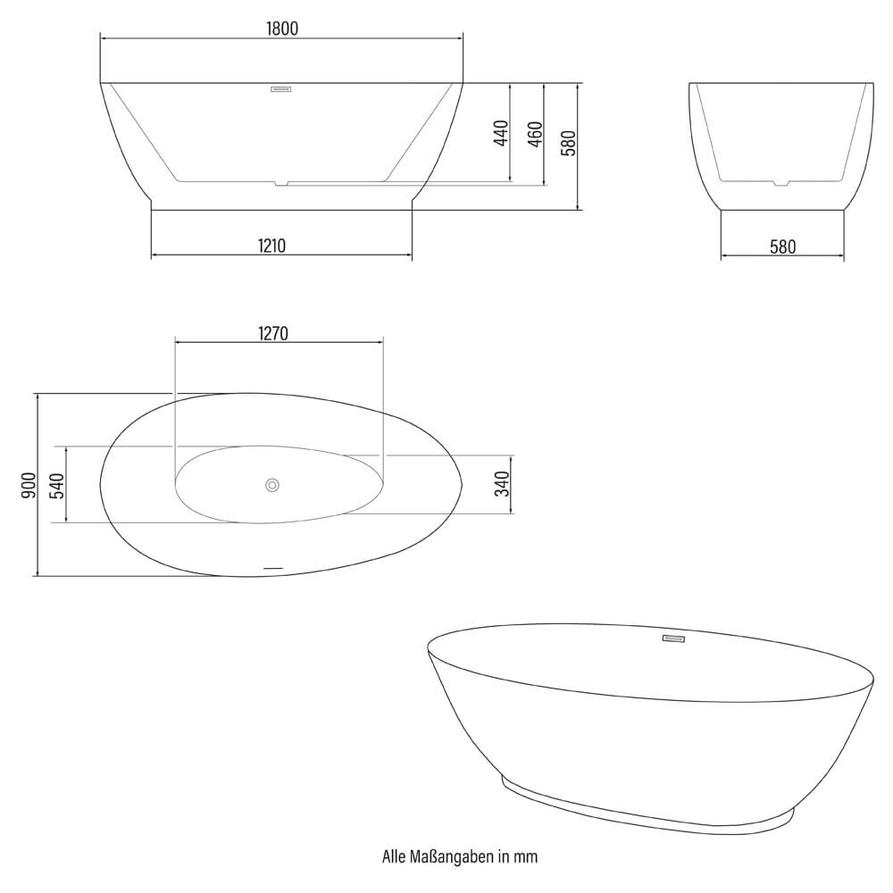 Freistehende Badewanne - 180 x 90 cm