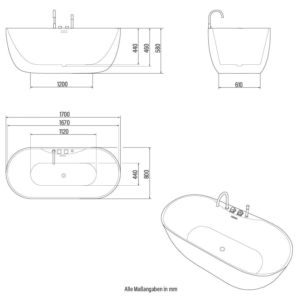 Freistehende Badewanne mit schwarzer Armatur - 170 x 80 cm