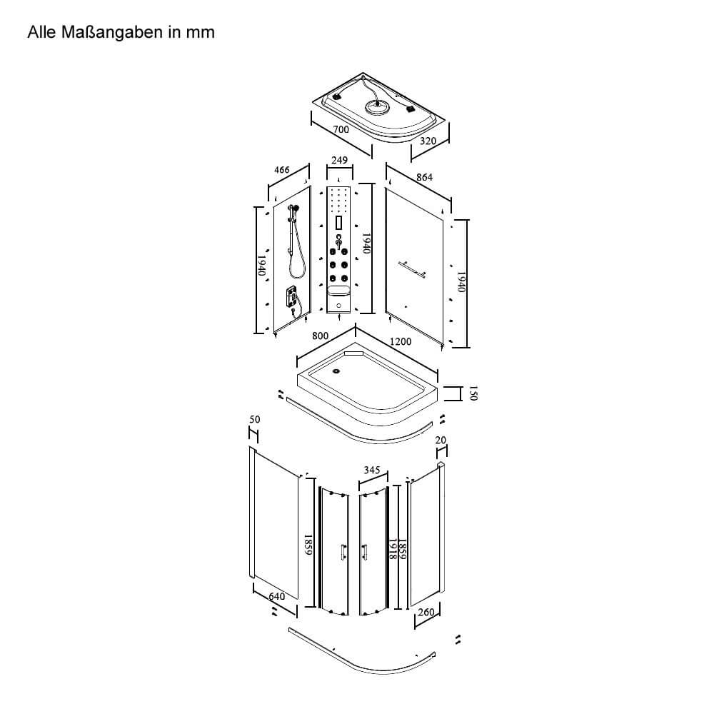 Duschkabine mit Regendusche - 120 x 80 cm Rechts