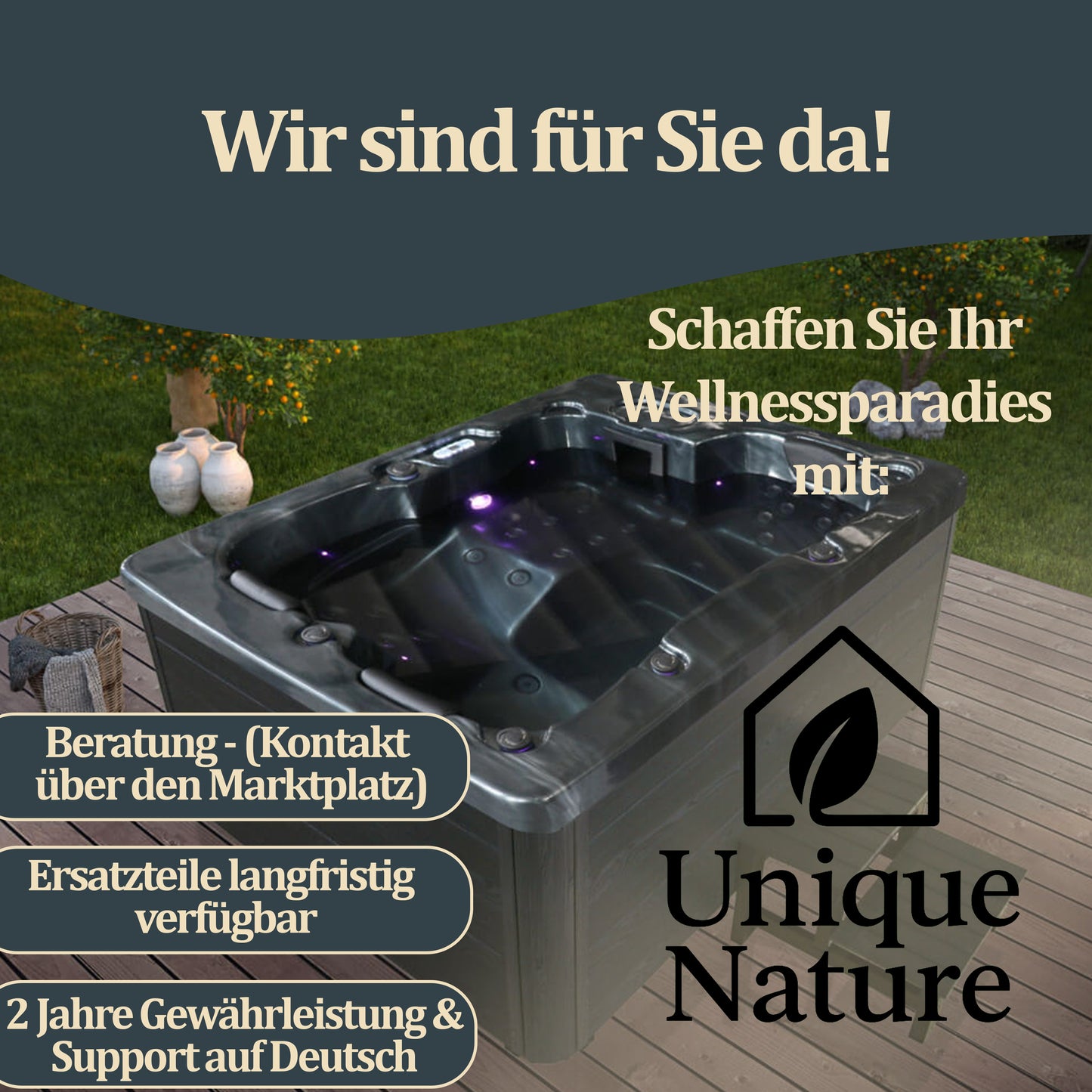 Outdoor Whirlpool mit Treppe und Thermoabdeckung - 210 x 160 cm für 3 Personen