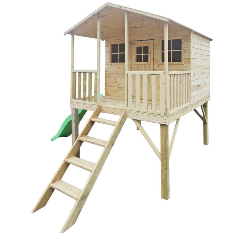 Spielhaus „Benno Plus“ aus Holz – mit Rutsche, Podest 120 cm, Terrasse (überd./unüberd.), EN71/TÜV, 235×190×285 cm