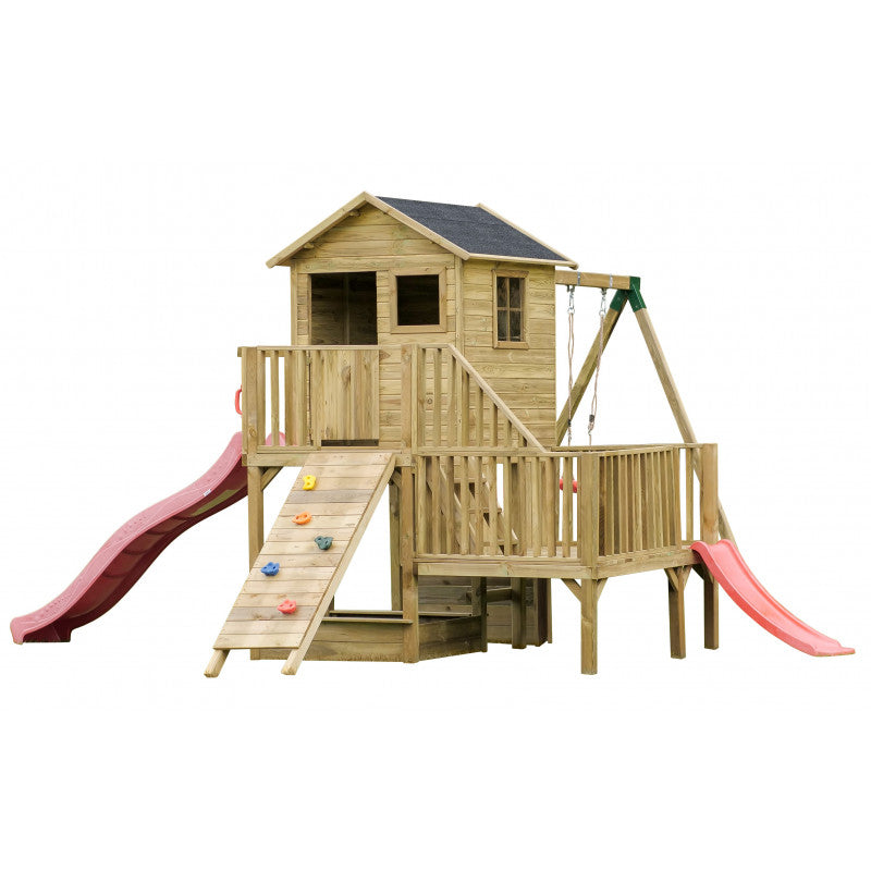 Abenteuerhaus „Leo“ aus Holz – Einzelschaukel, 2 Rutschen, Kletterwand, Podeste 62/122 cm, TÜV-geprüft, imprägniert