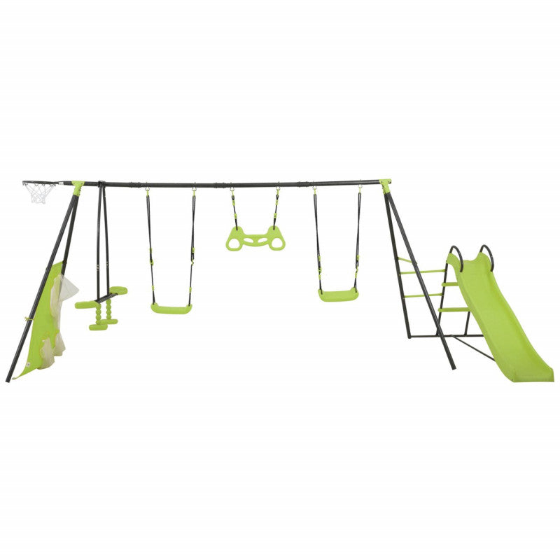 Spielplatz „Maxo XXL“ aus pulverbeschichtetem Metall – mit Rutsche, Trapez & Doppelschaukel, 480×195 cm, hellgrün