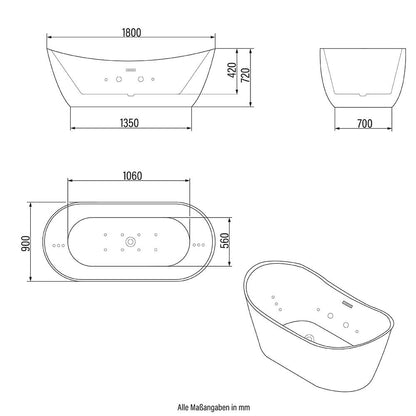 Freistehende Badewanne mit Whirlpoolfunktion - 180 x 90 cm