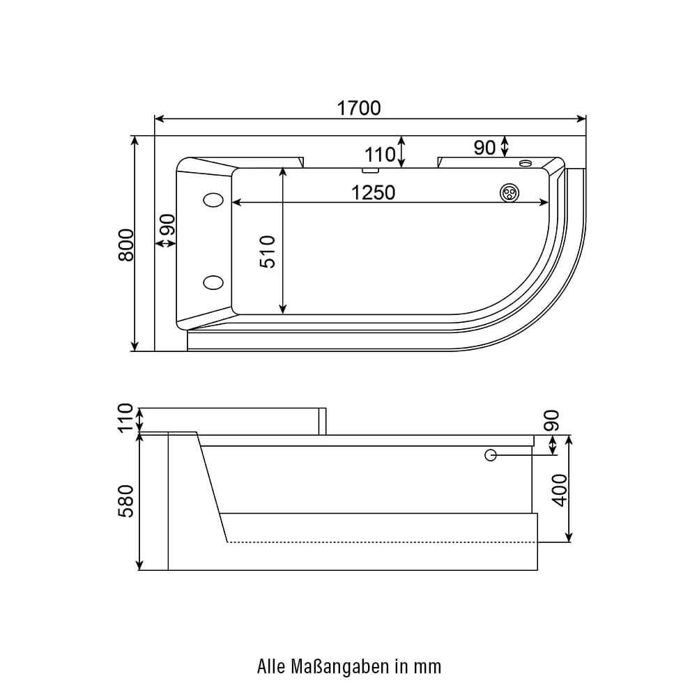Whirlpool Badewanne mit Lichttherapie - 170 x 80 cm