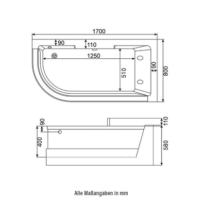 Whirlpool Badewanne mit Lichttherapie - 170 x 80 cm