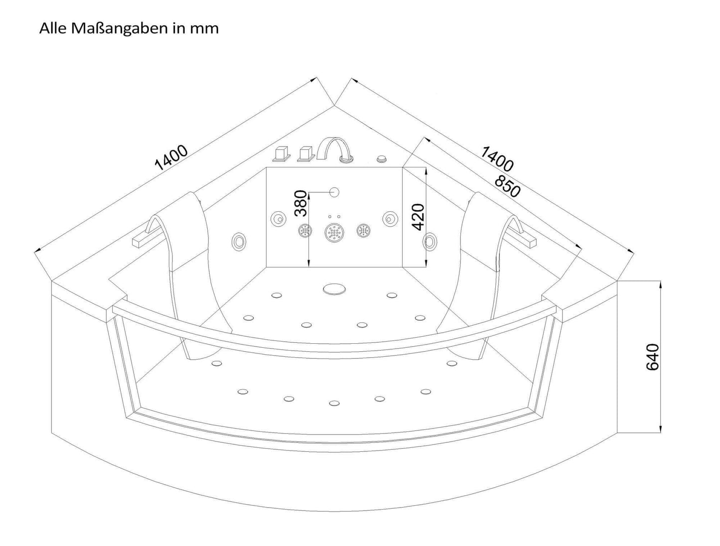 Whirlpool Badewanne mit Lichttherapie - 140 x 140 cm
