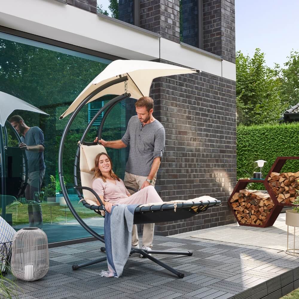 Schwebeliege mit Sonnendach - Anthrazit/Beige
