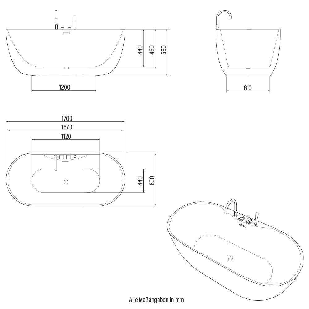 Freistehende Badewanne mit Armatur - 170 x 80 cm