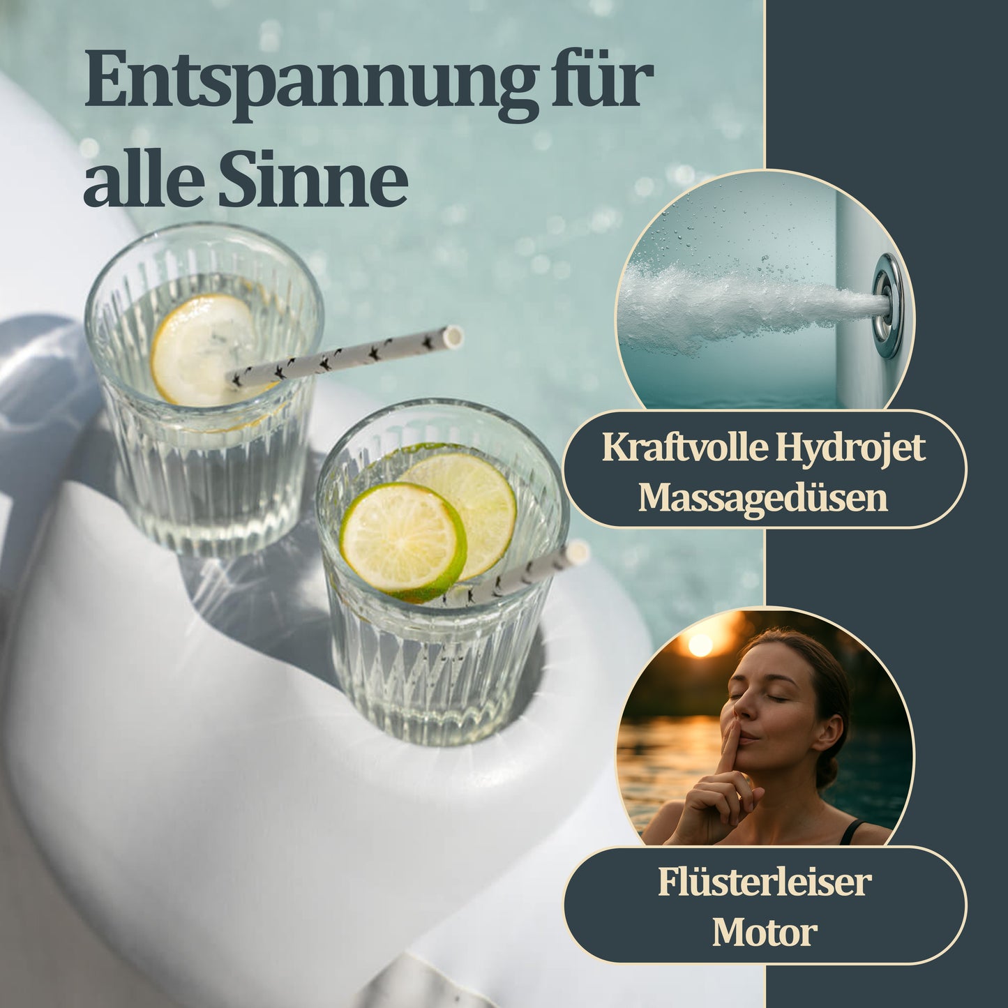 Outdoor Whirlpool inkl. Kissen, Getränkehalter und Sonnendach - Ø208 cm 6 Personen Grau