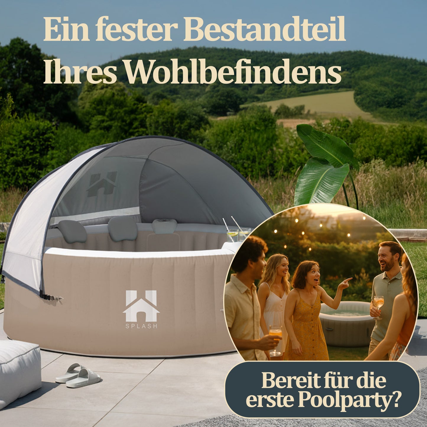 Outdoor Whirlpool inkl. Kissen, Getränkehalter und Sonnendach - Ø208 cm 6 Personen Grau