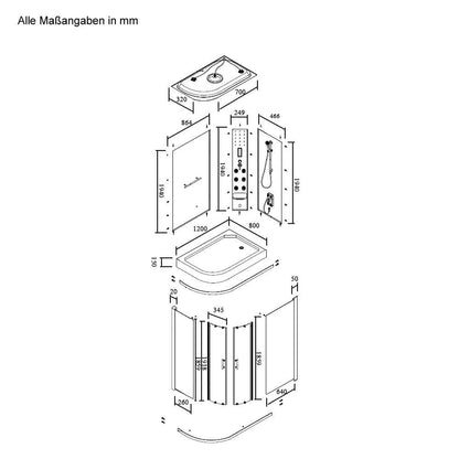 Duschkabine mit Wasserfall und Rückenmassage - 120 x 80 cm Links