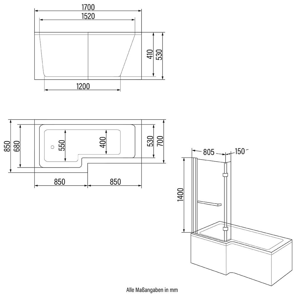 Duschbadewanne - 170 x 85 cm Rechts