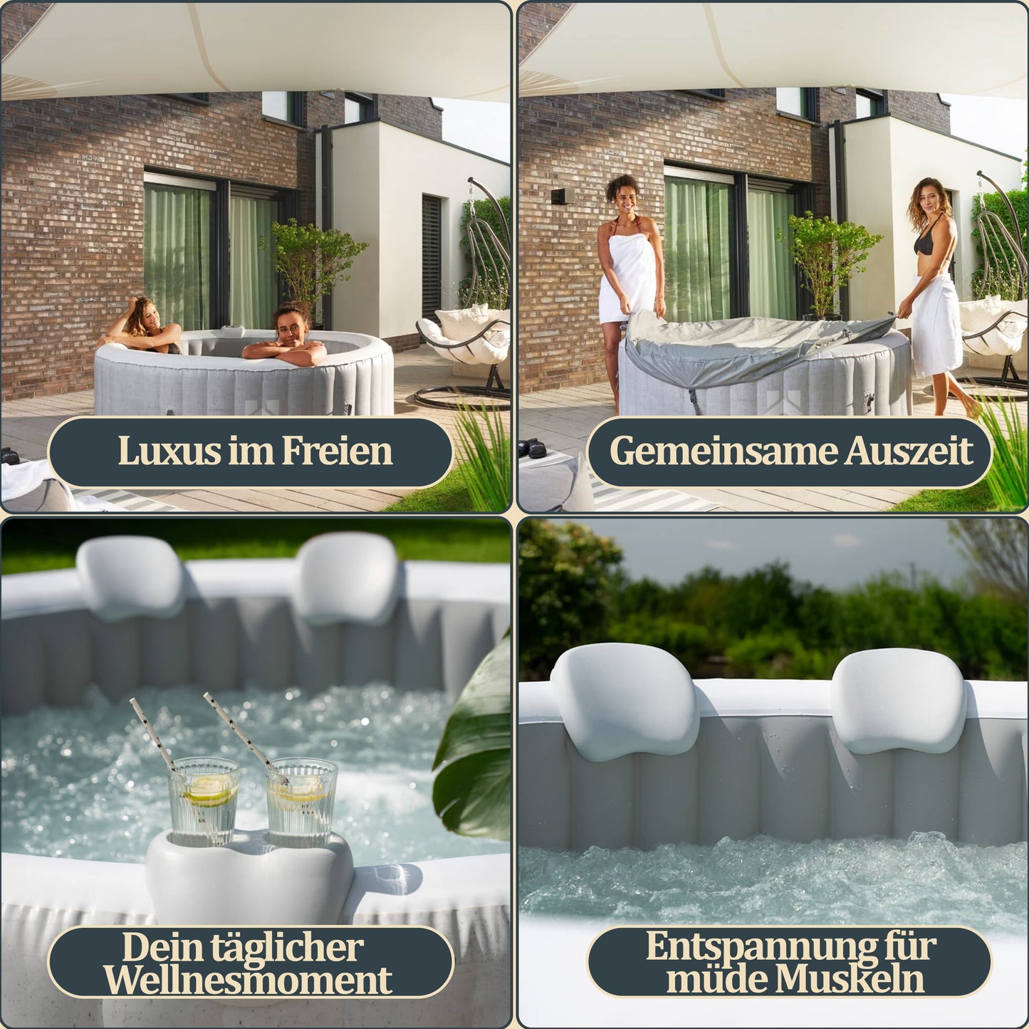 Outdoor Whirlpool inkl. Kissen, Getränkehalter und Sonnendach - Ø208 cm 6 Personen Grau