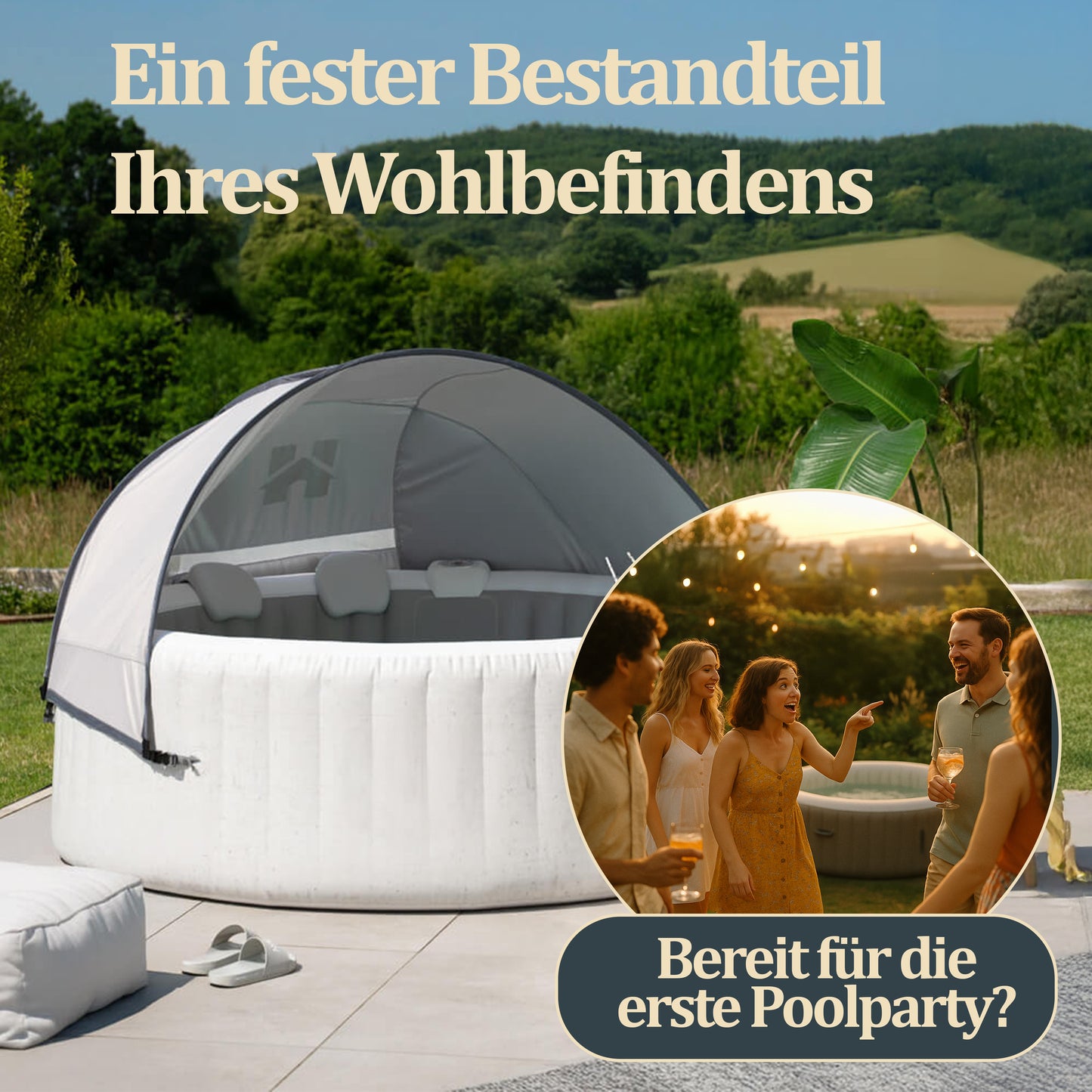 Outdoor Whirlpool inkl. Kissen, Getränkehalter und Sonnendach - Ø208 cm 6 Personen Grau