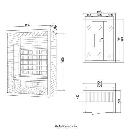 Infrarotkabine mit Vollspektrumstrahler - 150 x 120 cm für 3 Personen
