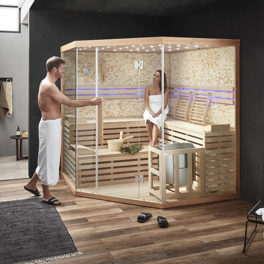 Traditionelle Sauna mit Kunststeinwand - 200 x 200 cm für 6 Personen