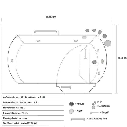 Seniorenbadewanne liegend mit Whirlpoolfunktion - 153 x 76 cm Rechts