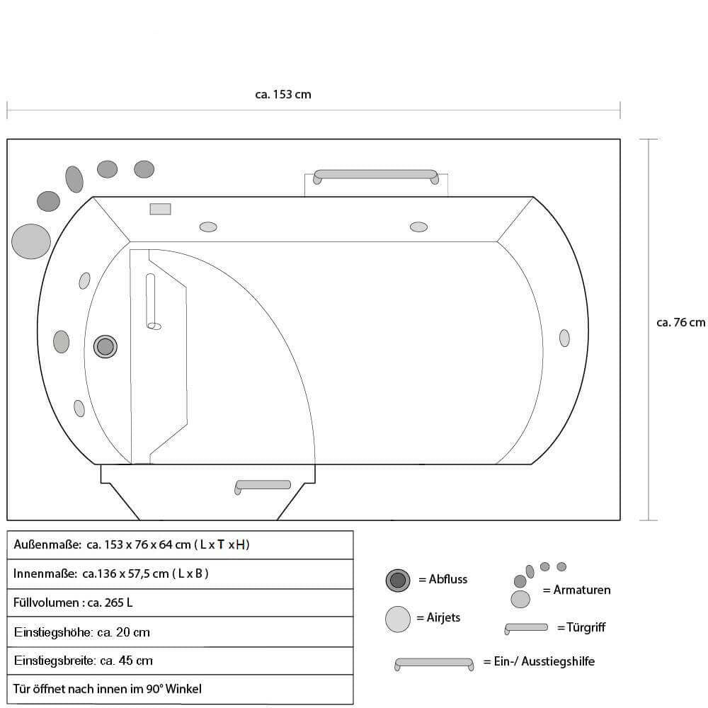 Seniorenbadewanne sitzend mit Whirlpoolfunktion - 85 x 95 cm Rechts