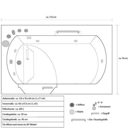 Seniorenbadewanne sitzend mit Whirlpoolfunktion - 85 x 95 cm Rechts