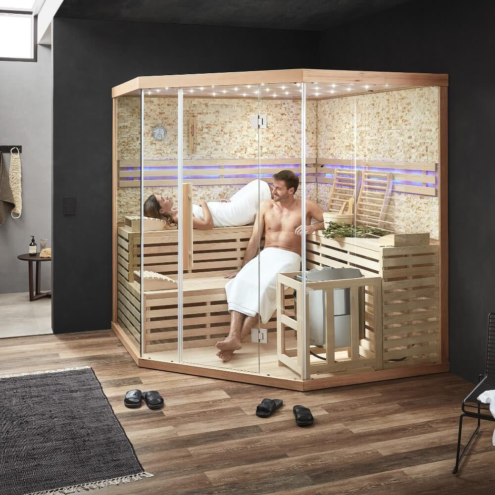 Traditionelle Sauna mit Kunststeinwand - 200 x 200 cm für 6 Personen