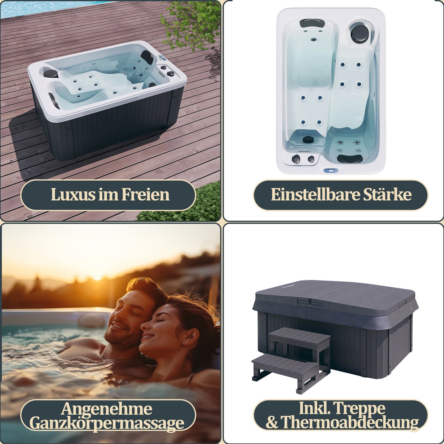 Outdoor Whirlpool optional mit Treppe und Thermoabdeckung - 175 x 115 cm für 2 Peronen