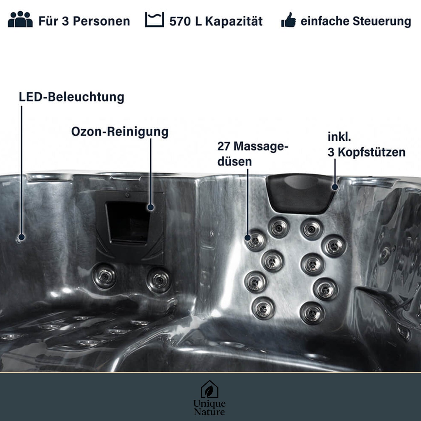 Outdoor Whirlpool mit Treppe und Thermoabdeckung - 210 x 160 cm für 3 Personen