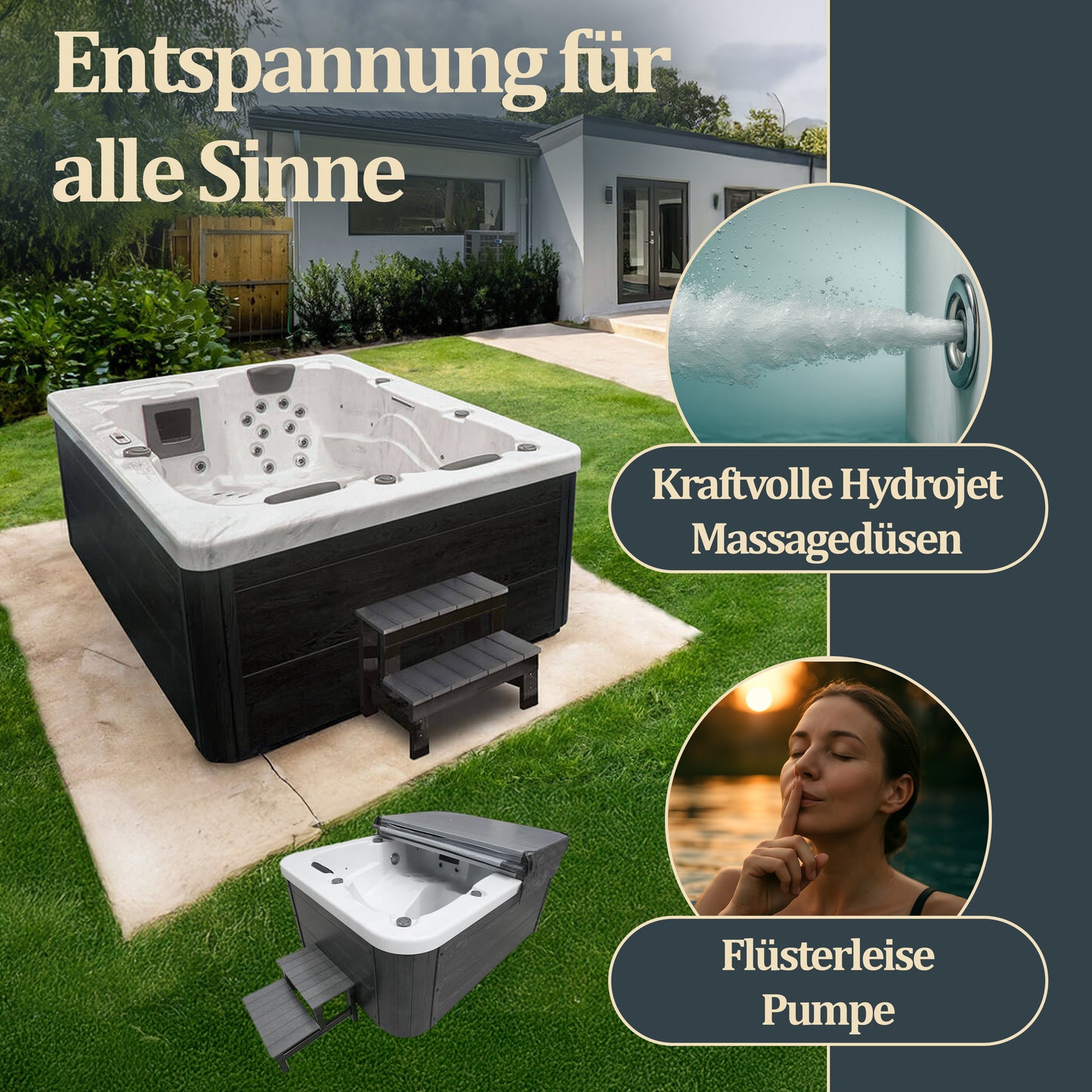 Outdoor Whirlpool mit Treppe und Thermoabdeckung - 210 x 160 cm für 3 Personen