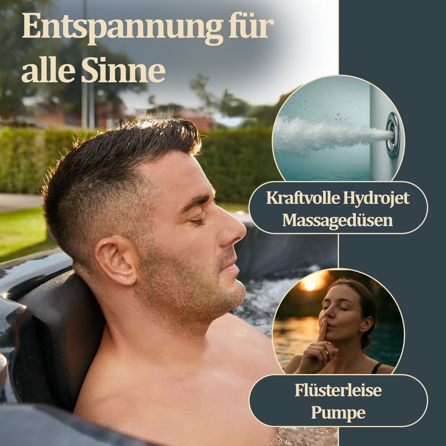 Outdoor Whirlpool mit Treppe und Thermoabdeckung - 210 x 160 cm für 3 Personen