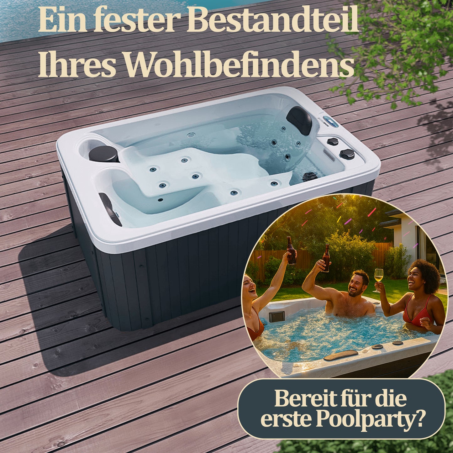 Outdoor Whirlpool optional mit Treppe und Thermoabdeckung - 175 x 115 cm für 2 Peronen