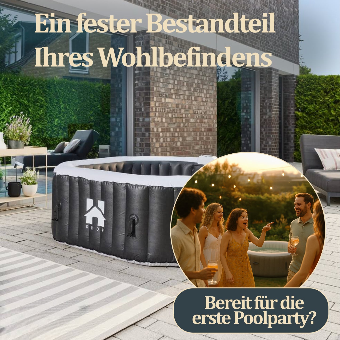 Outdoor Whirlpool optional inkl. Kissen, Getränkehalter und Sonnendach - ⌀185 cm Schwarz
