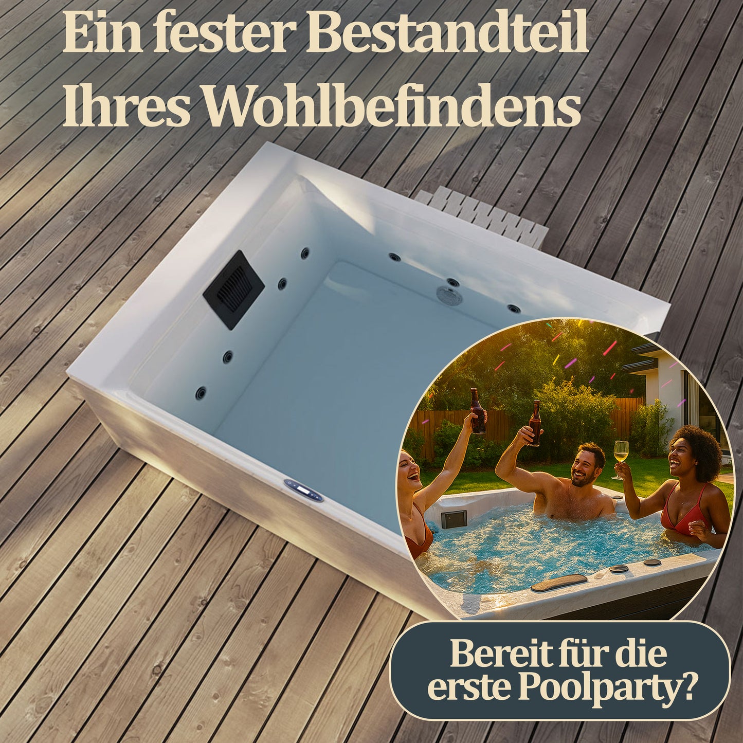 Outdoor Whirlpool optional mit Treppe und Thermoabdeckung - 190 x 140 cm für 2 Personen