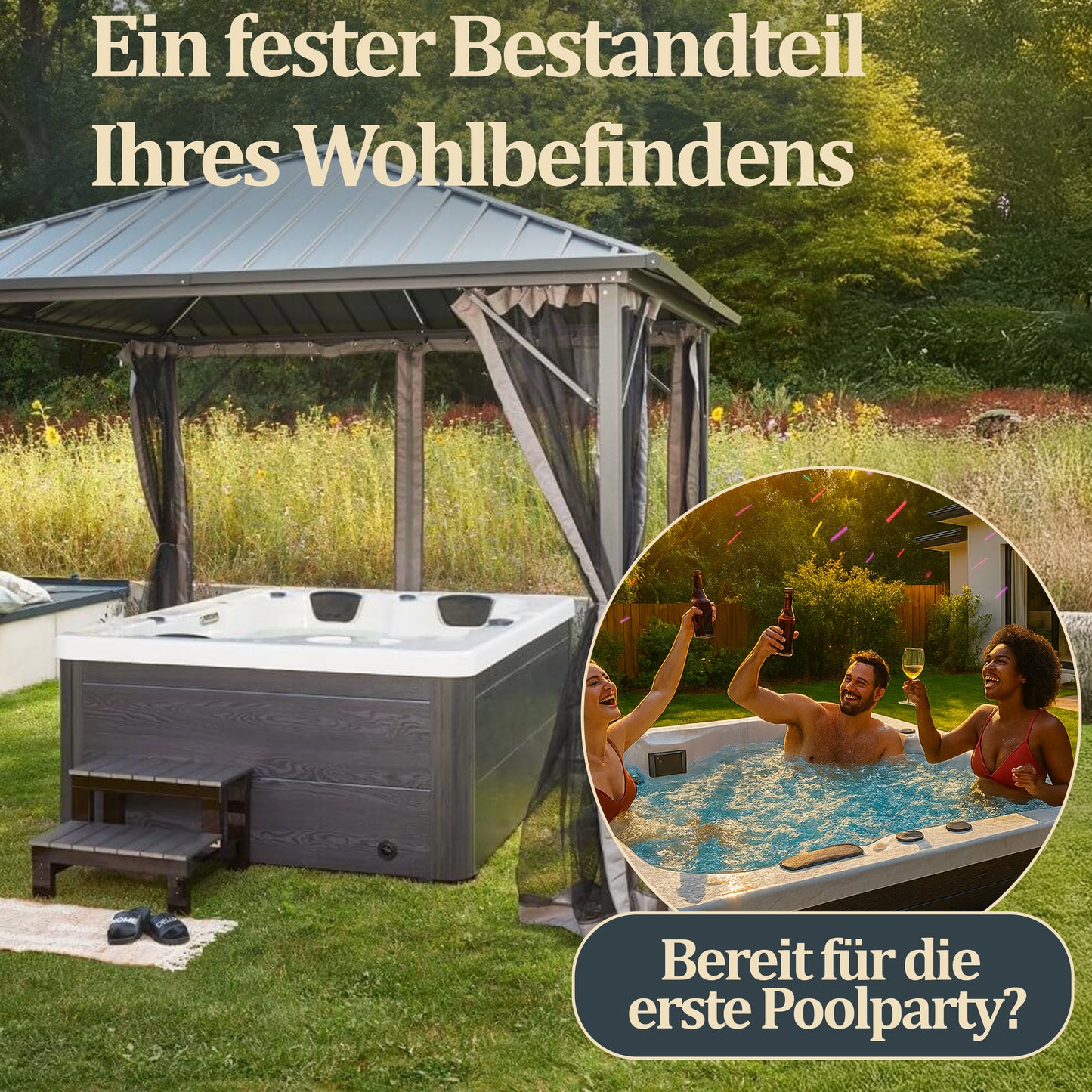 Outdoor Whirlpool mit Treppe und Thermoabdeckung - 210 x 160 cm für 3 Personen