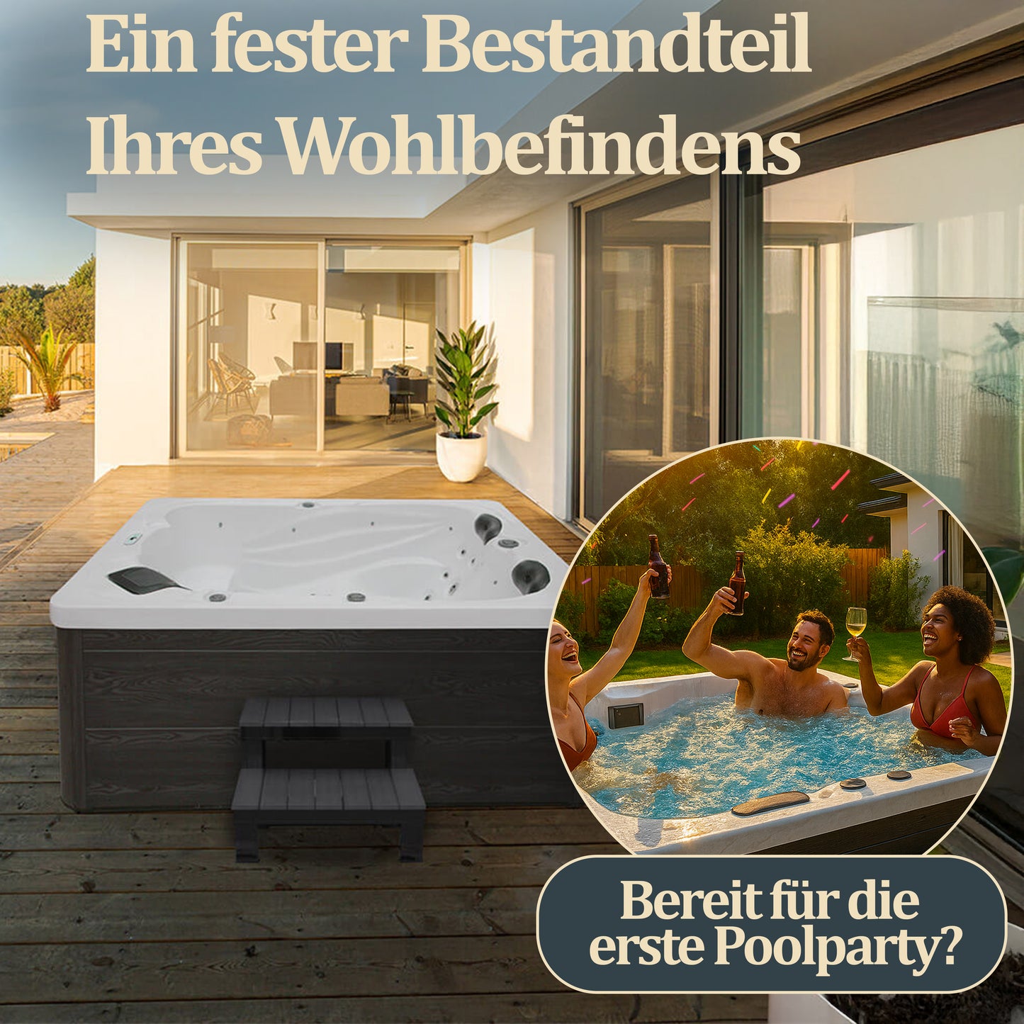 Outdoor Whirlpool optional mit Treppe und Thermoabdeckung - 220 x 156 cm für 3 Personen