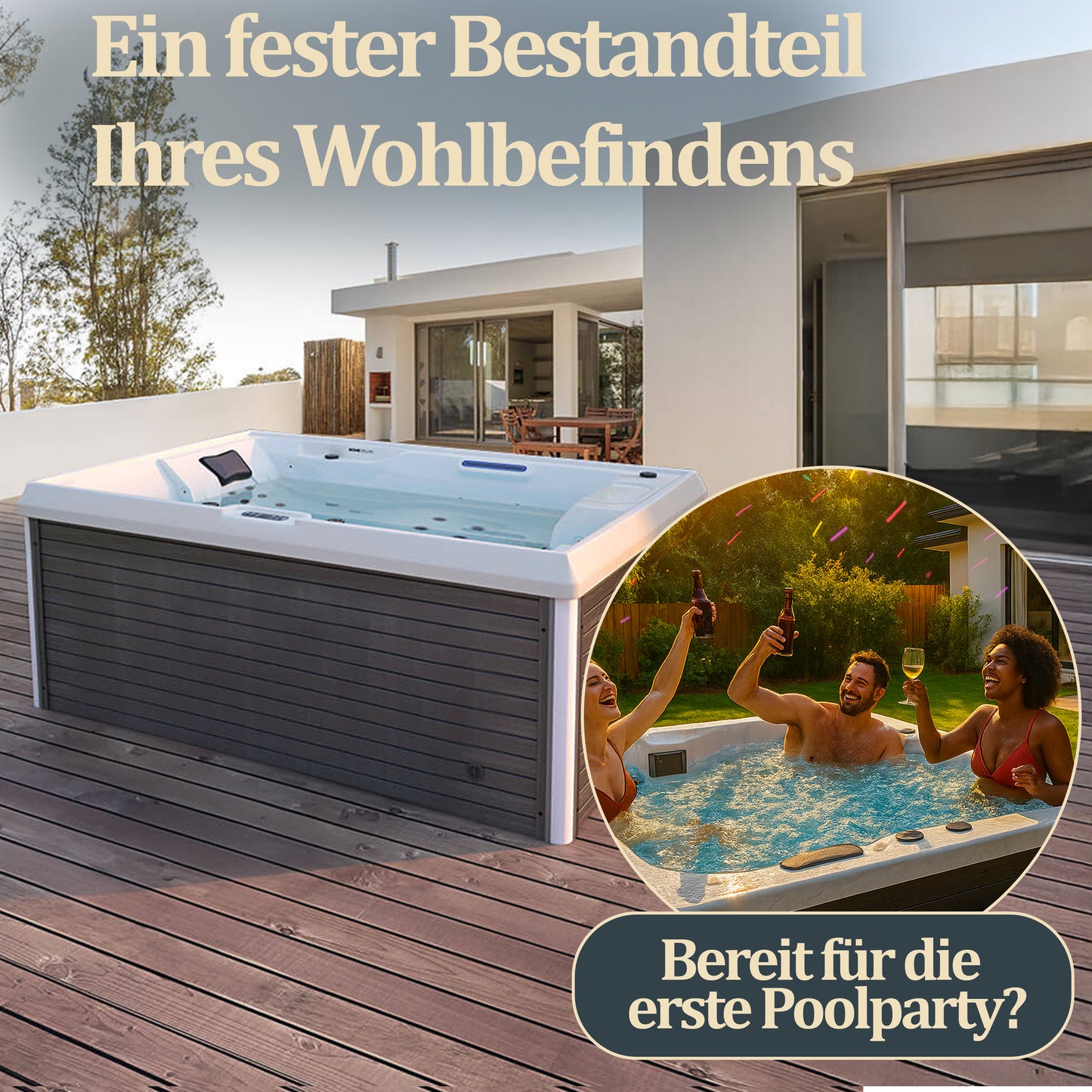 Outdoor Whirlpool optional mit Treppe und Thermoabdeckung 211 x 156 cm für 3 Personen
