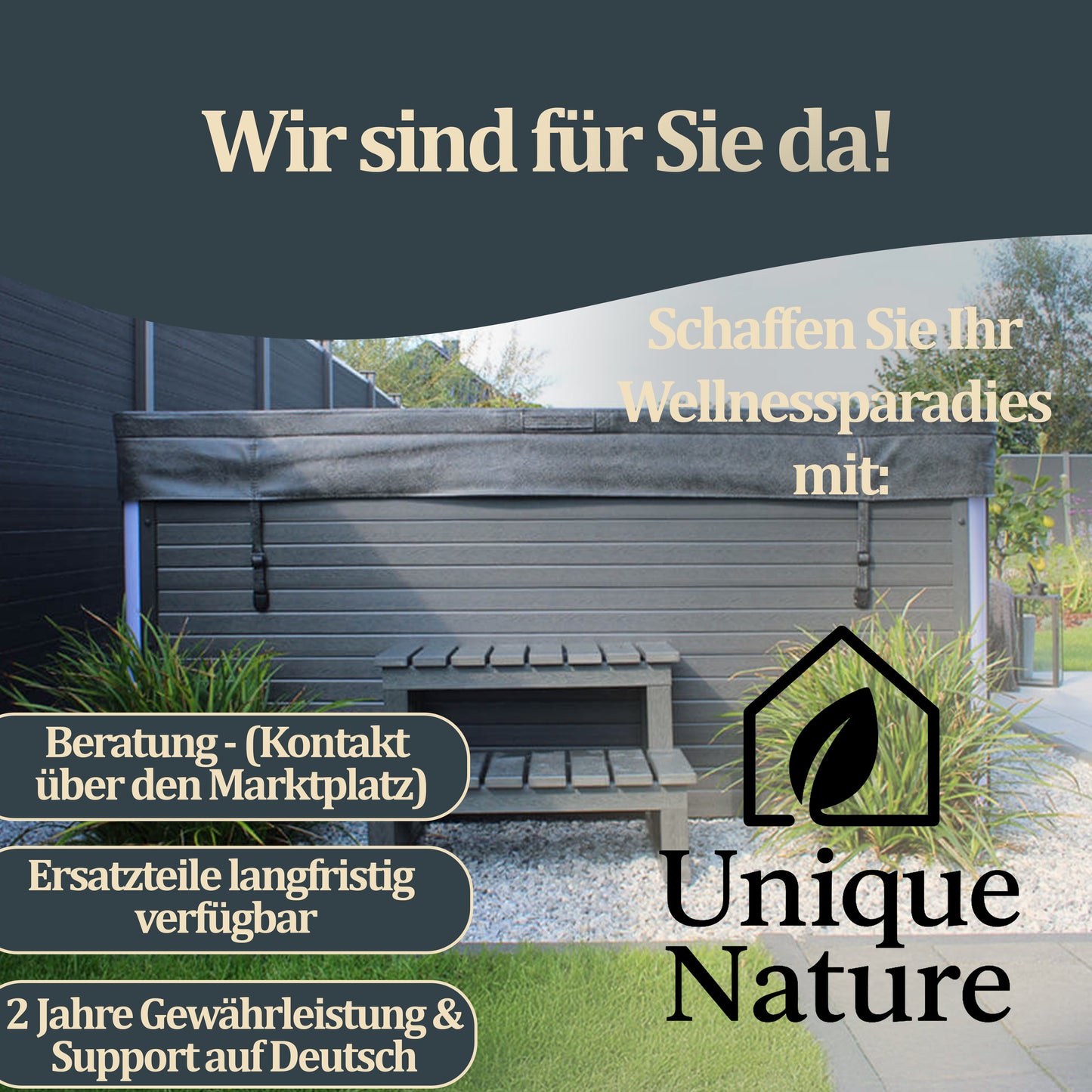 Outdoor Whirlpool optional mit Treppe und Thermoabdeckung - 207 x 207 cm für 5 Personen