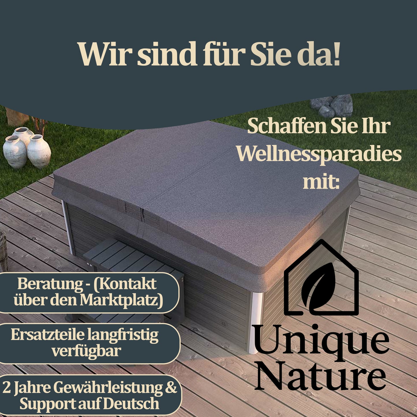 Outdoor Whirlpool optional mit Treppe und Thermoabdeckung - 207 x 207 cm für 5 Personen