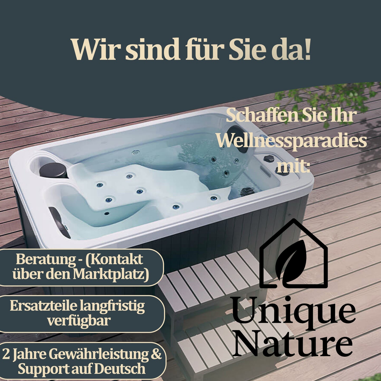 Outdoor Whirlpool optional mit Treppe und Thermoabdeckung - 175 x 115 cm für 2 Peronen