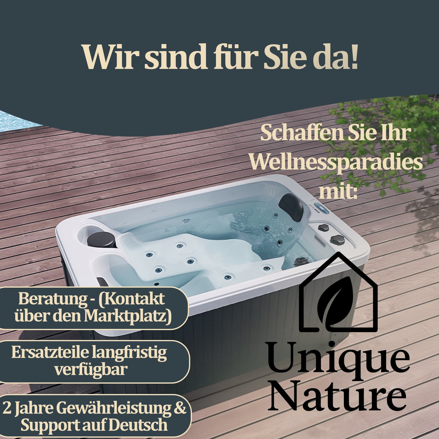 Outdoor Whirlpool optional mit Treppe und Thermoabdeckung - 175 x 115 cm für 2 Peronen