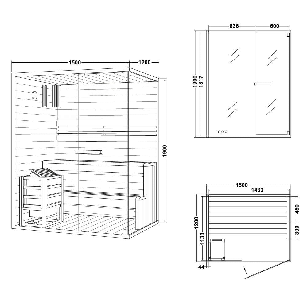 Traditionelle Sauna - 150 x 120 cm für 3 Personen