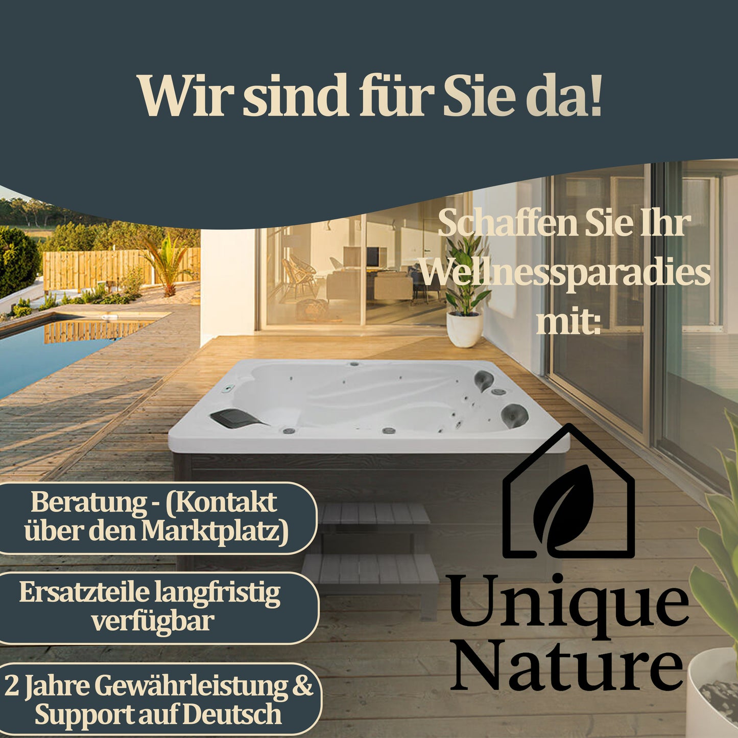 Outdoor Whirlpool optional mit Treppe und Thermoabdeckung - 220 x 156 cm für 3 Personen