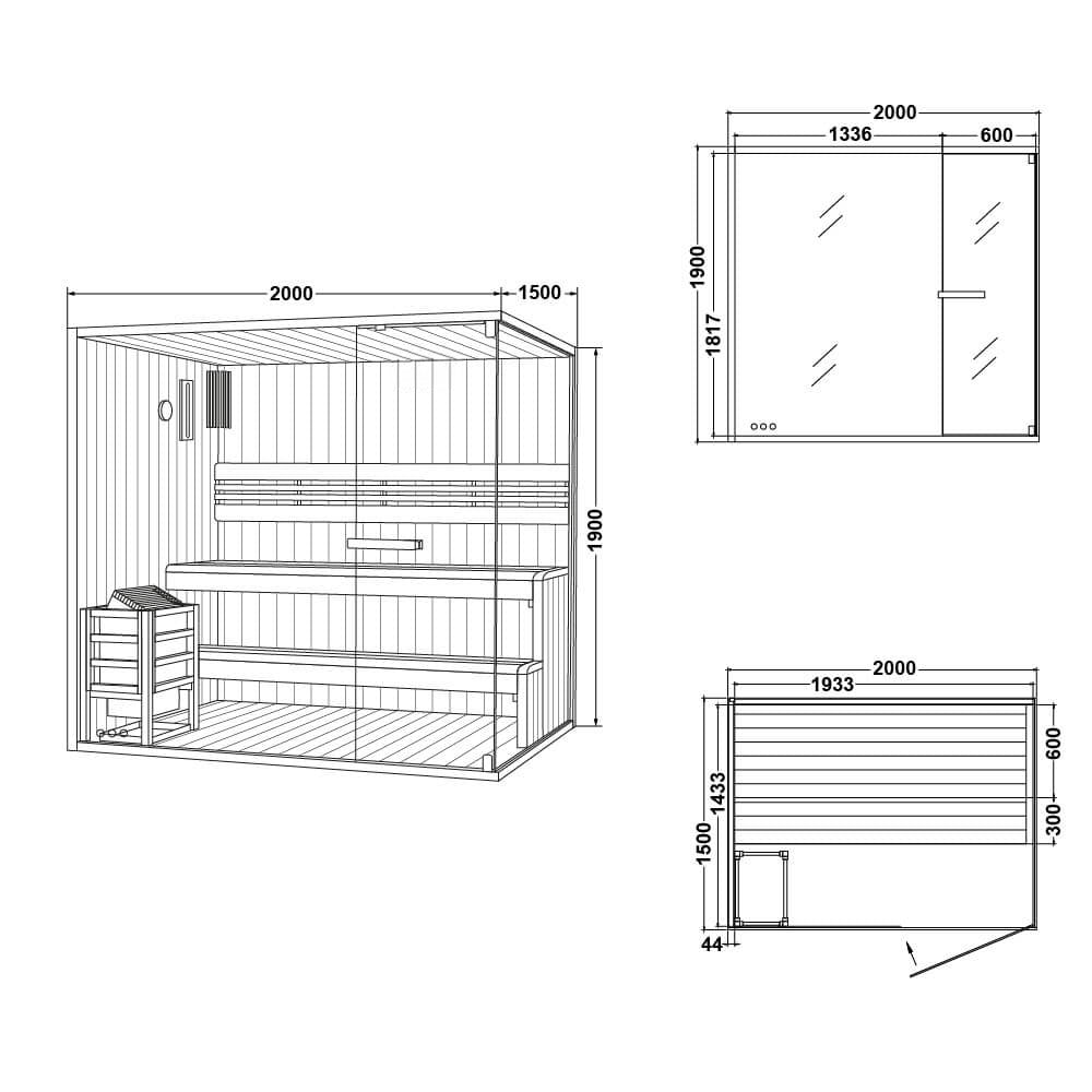 Traditionelle Sauna - 200 x 150 cm für 5 Personen