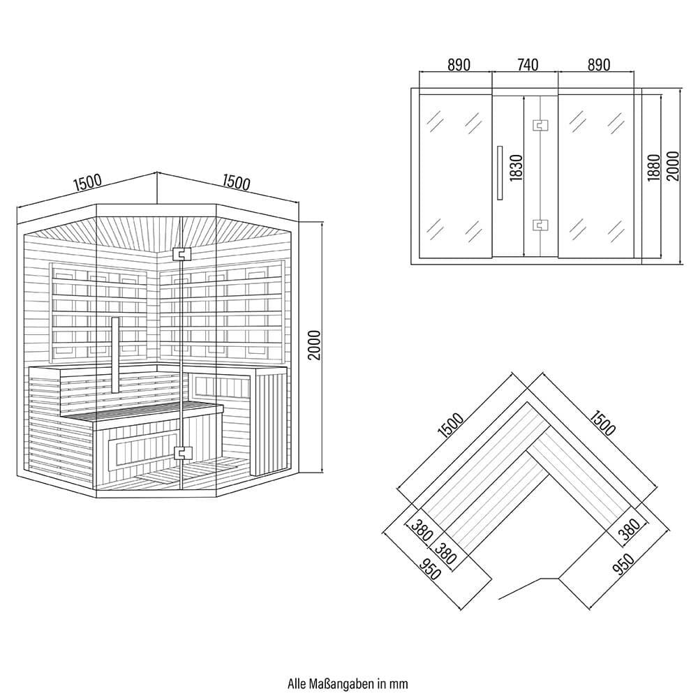 Infrarotkabine mit Vollspektrumstrahler - 150 x 150 cm für 4 Personen