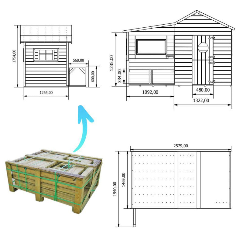 Spielhaus „Elli“ aus Holz – mit Boden & Plexi-Fenster, 240×125×173 cm, EN71/TÜV, Dachpappe 4,5 m²