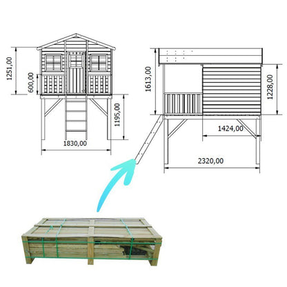 Spielhaus „Benno Plus“ aus Holz – mit Rutsche, Podest 120 cm, Terrasse (überd./unüberd.), EN71/TÜV, 235×190×285 cm
