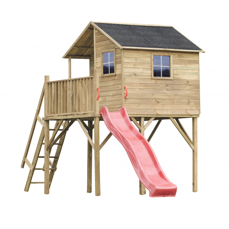 Spielhaus „Tayo Duo“ aus Holz – Doppelschaukel, 150 cm Podest, Plexiglas-Fenster, TÜV-geprüft