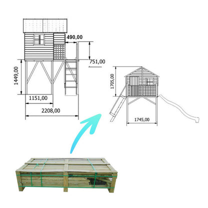 Spielhaus „Tayo Mix“ aus Holz – 150 cm Podest, Schaukel, Plexiglas-Fenster, EN 71 & TÜV