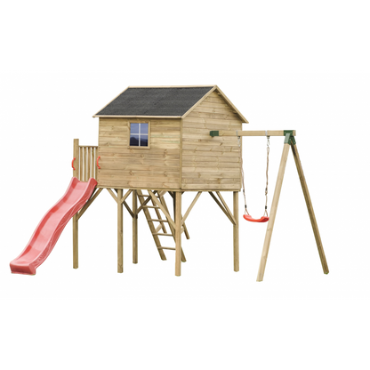 Spielhaus „Tayo Mini“ aus massivem Kiefernholz – mit Schaukel, Podest 150 cm, wetterfest & TÜV-geprüft