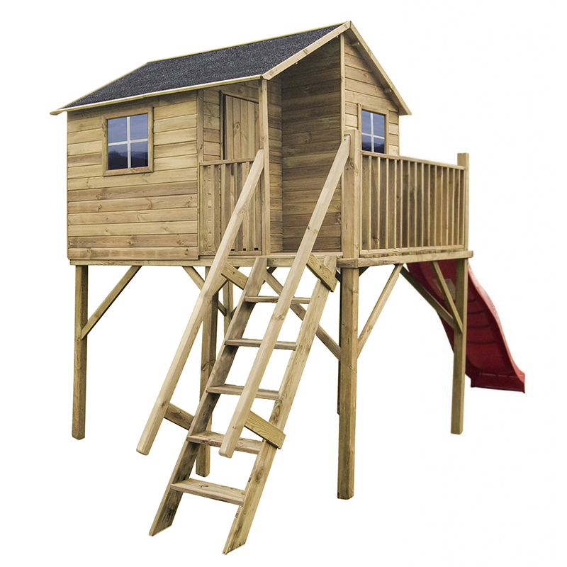 Spielhaus „Tayo“ aus Holz – 150 cm Podest, 3 m Rutsche, Plexiglas-Fenster, EN 71/TÜV
