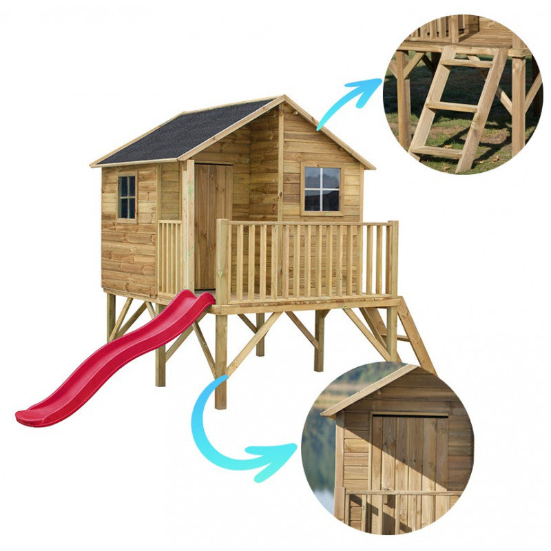Spielhaus „Tayo“ aus Holz – mit Rutsche, Leiter & 80 cm Podest, 247×233×250 cm, EN71/TÜV-geprüft